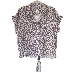 FATE Animal Print Leopard Boxy Button Front Short Sleeve Top Tie Front Medium